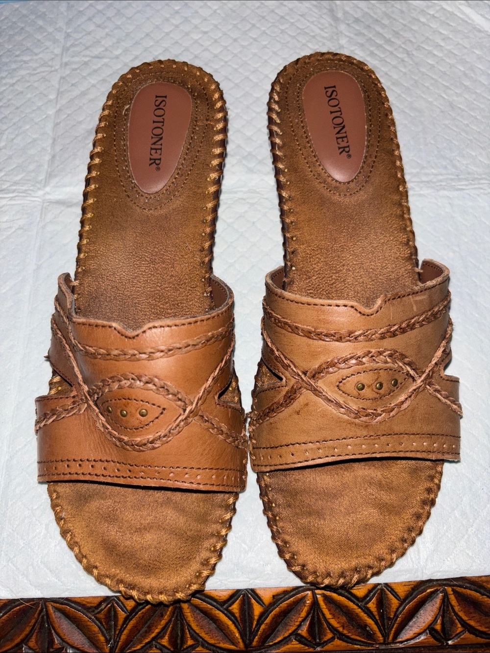 isotoner Women's Tan Braided Leather Slide Sandals